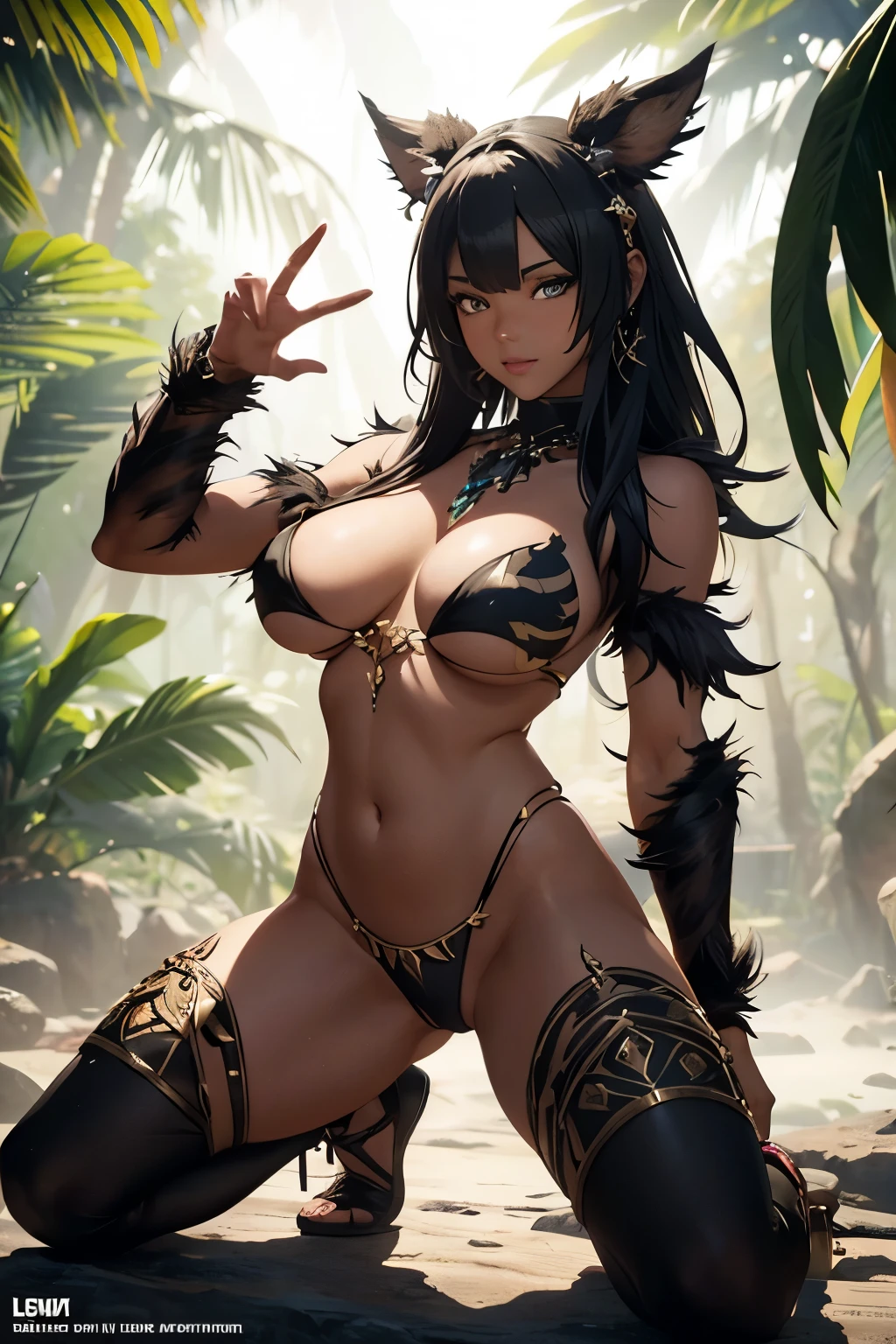 beautiful alluring african jungle warrior, dark skin, white tribal bodypaint, bone and feather ornaments, animal print fur loincloth, deep into the lush jungle, Fiverr Dnd Character, Octane Render, Digital Art, Extreme Detail, 4k, Ultra Hd, Polished, Beautiful, Hyperdetailed, Intricate, Elaborate, Meticulous, Photorealistic, Sharp Focus, Wlop, Character Design, Unreal Engine, 3d Rendered, Volumetric Lighting, Reflections, Glossy, Digital Illustration, Sensual Pose, Suggestive Pose, Lewd, Full Body Shot, anatomically correct, perky breasts, 💖❤💕💋❣