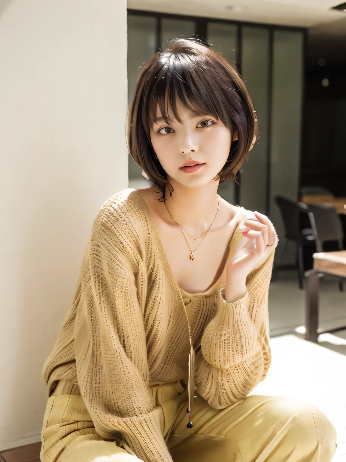 ((Tabletop,highest quality)), (Like the picture:1.4),((Tabletop,8k))、White wall、(White Room)、((Full body photo))、Photographed in natural light、Highly detailed face and skin texture、Highly detailed lips、The correct state of the human body、Ultra-high resolution、(Photorealistic:1.4)、highest quality, One beautiful woman, 28 years old, s, 250mm lens、Light Yellow Knit、Wide leg pants、(Dark brown medium short hair)、Japanese women、(Dark brown hair)、Various poses、Looking at the camera、Natural color lip、Winter clothes、 necklace、indoor