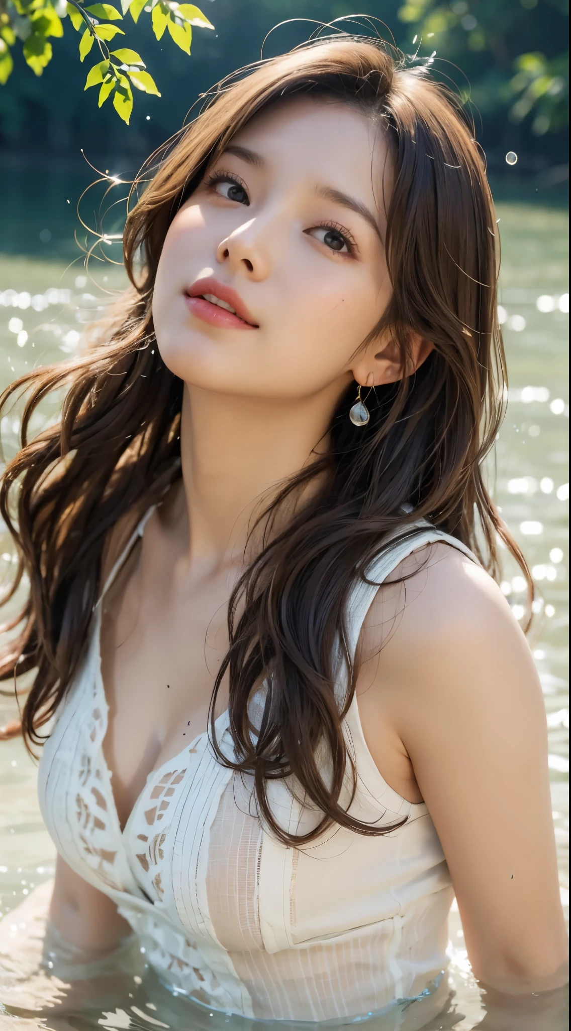 river-playing women, summer clothes, stylish and beautiful women, happy expressions, slightly upward gaze, long soft hair, light brown wavy hair, sparkling droplets, photo-like images , real ,4K , live action