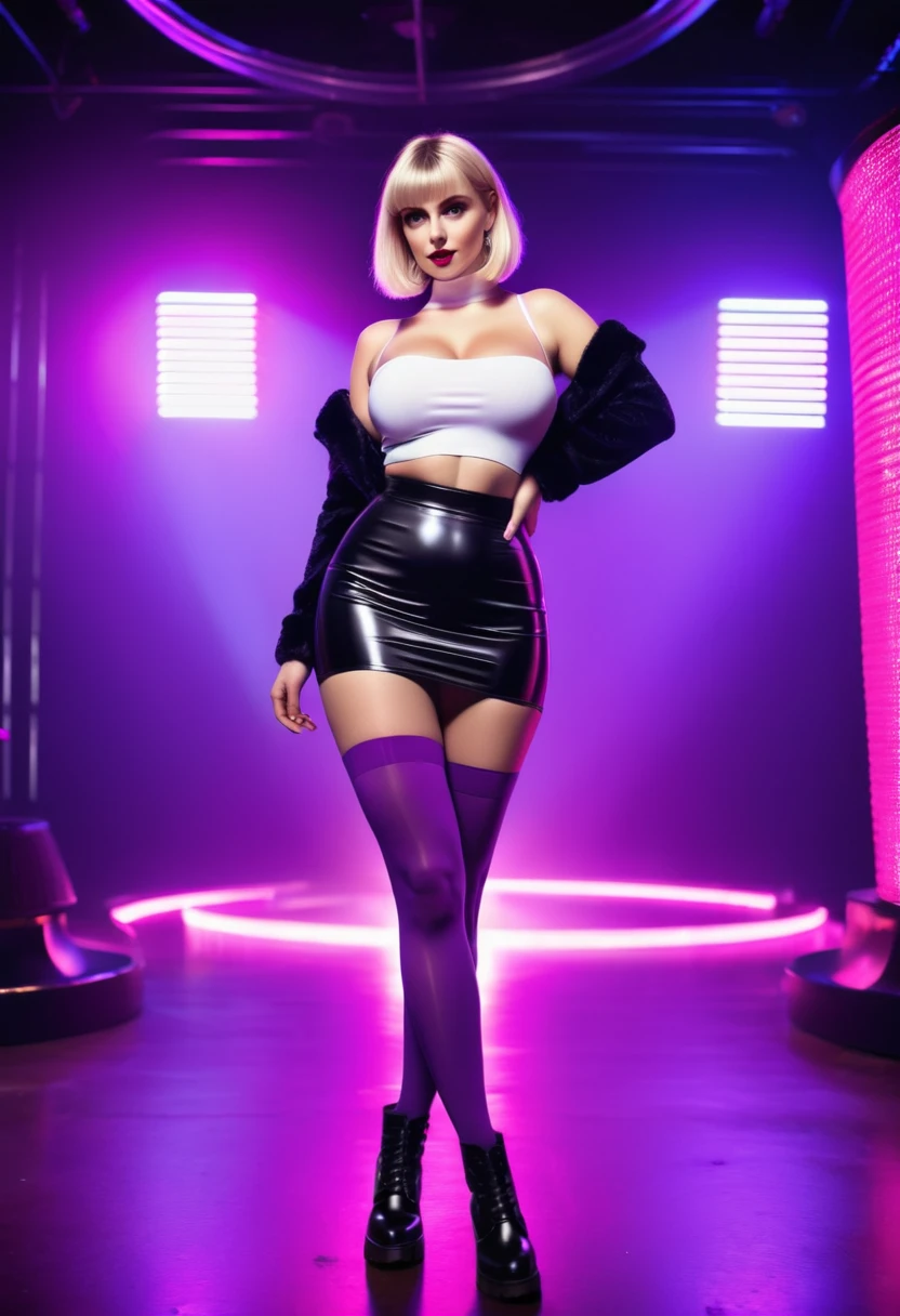 (full body photo:1.3), solo, (front view)1.2, (stylish bob haircut) ((huge) natural breasts, natural 34DD)1.3, (futuristic, nightclub, neon light), (standing pose), ((black tights) and white wool socks)1.3, (cleavage pink tube-top) (purple tight mini skirt)1.2, (black tights and white wool socks)1.3 (Dr Martens boots)1.2, (wide hips, curvy, (thick thighs) (muscular legs))1.2, intricate detail, ((random ethnicity from Europe) amazing hot female)1.2 posh, (environmental portrait), perfect eyes, looking at viewer, beautiful, attractive, pretty