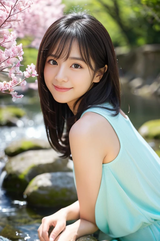 (masterpiece:1.3、high resolution、high quality)、(Beautiful and realistic Japanese figures:1.3),(Perfect Anatomy、Beautiful and perfect limbs、Beautiful Skin、Healthy Body),(Japanese actress:1.3、cute:1.3)、Black-haired、Beaver、18-year-old、Beautiful appearance、Attractive pose、Signs of Spring、Gravure photo、Professional photography、The wind is blowing、The murmur of a stream、Serene landscape、Tender Love、Cheerful Idol
