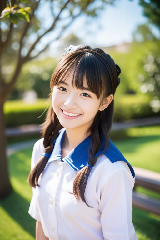 japanese school girl、A beautiful park with blue sky as a background、A happy smile and an idol-like face、semi-long、hair band、Smiling with teeth showing、Sailor suit、Tabletop, highest quality, 8k, Teen, alone,et, Gardenias, Delicate girl, Upper Body, Digital SLR, View your viewers, Frank, Sophisticated, Zola々right, Thin arms, Professional Lighting, Film Grain, chromatic aberration, (Eyes and facial details:1.0), (Bokeh:1.1)