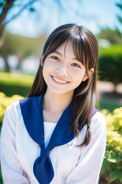  japanese school girl、tiful park with blue sky as a background、A happy smile and an idol-like face、semi-long、hair band、Smiling with teeth showing、Sailor suit、Tabletop, highest quality, 8k, Teen, alone,Violet, Gardenias, Delicate girl, Upper Body, Digital SLR, View your viewers, Frank, Sophisticated, Zola々right, Thin arms, Professional Lighting, Film Grain, chromatic aberration, (Eyes and facial details:1.0), (Bokeh:1.1)