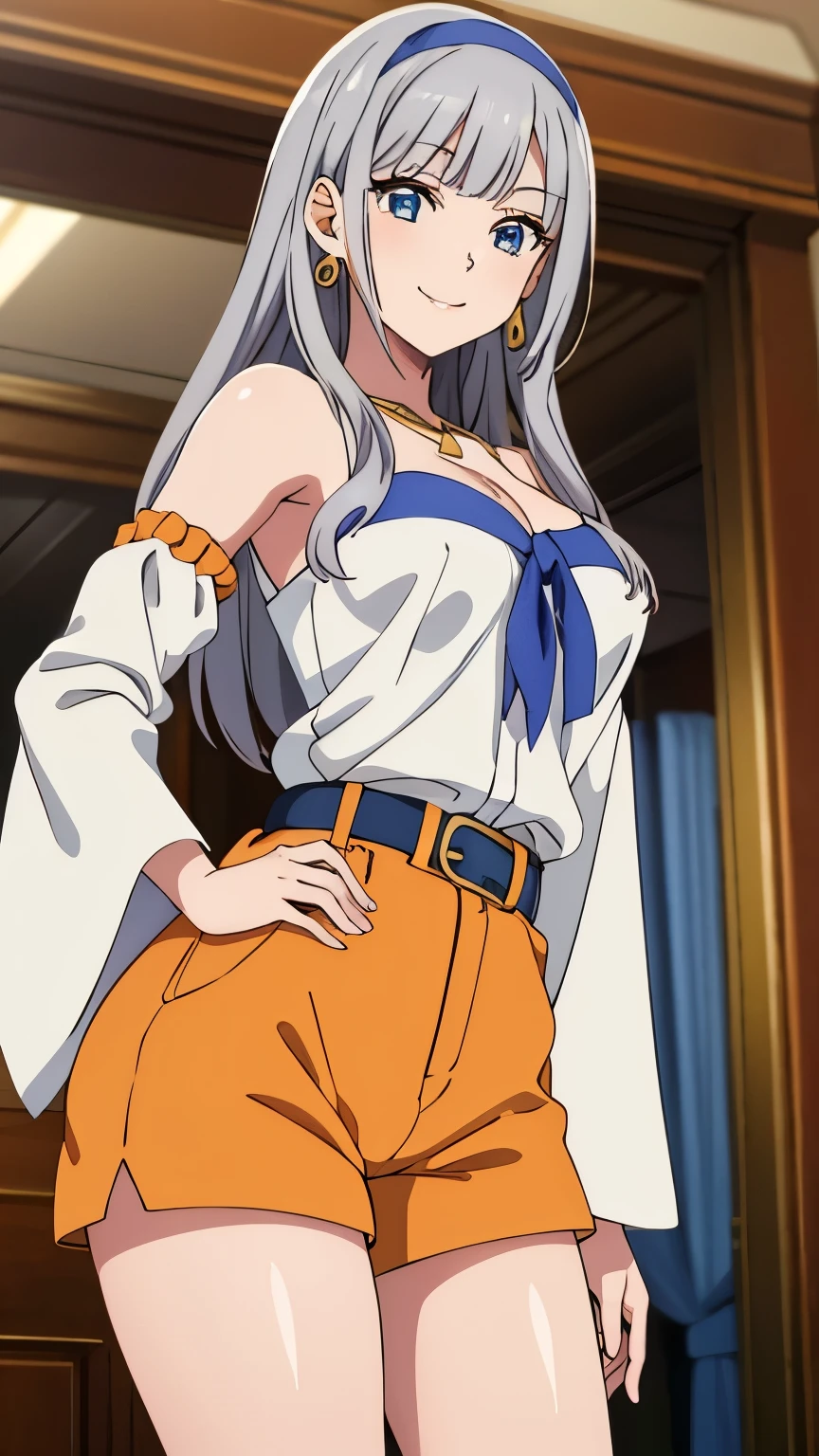 masterpiece, highest quality, Mylene HFV4, One girl, alone,Silver Hair,Adult Style, Large medium breasts ,jewelry, hair band, blue hair band,Earrings, Orange hoodie, No sleeve, Side bust, Grey shorts, belt, smile,  Anime Coloring, Cowboy Shot,