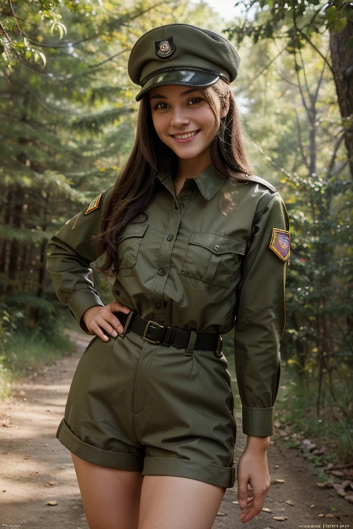 smiling girl as ranger, langer brauner zopf, naturfarbene uniform, military campaign hat