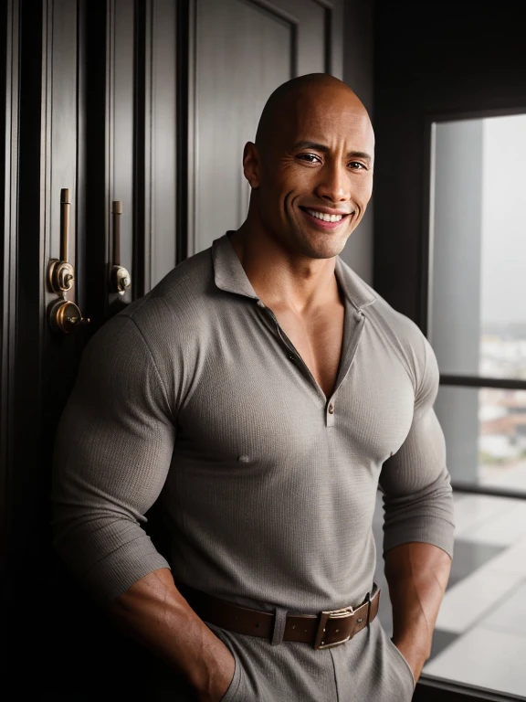 professional photo of Dwayne Johnson, waves haircut hair, perfect eyes, wearing silvergray aztec jumpsuit, pyrrole red linen henley shirt, , gorgeous smile, steampunk city flue pipe,door,skylight, upper body shot low lighting, moody, large depth of field, deep depth of field, highly detailed, three quarter shot, without clothes