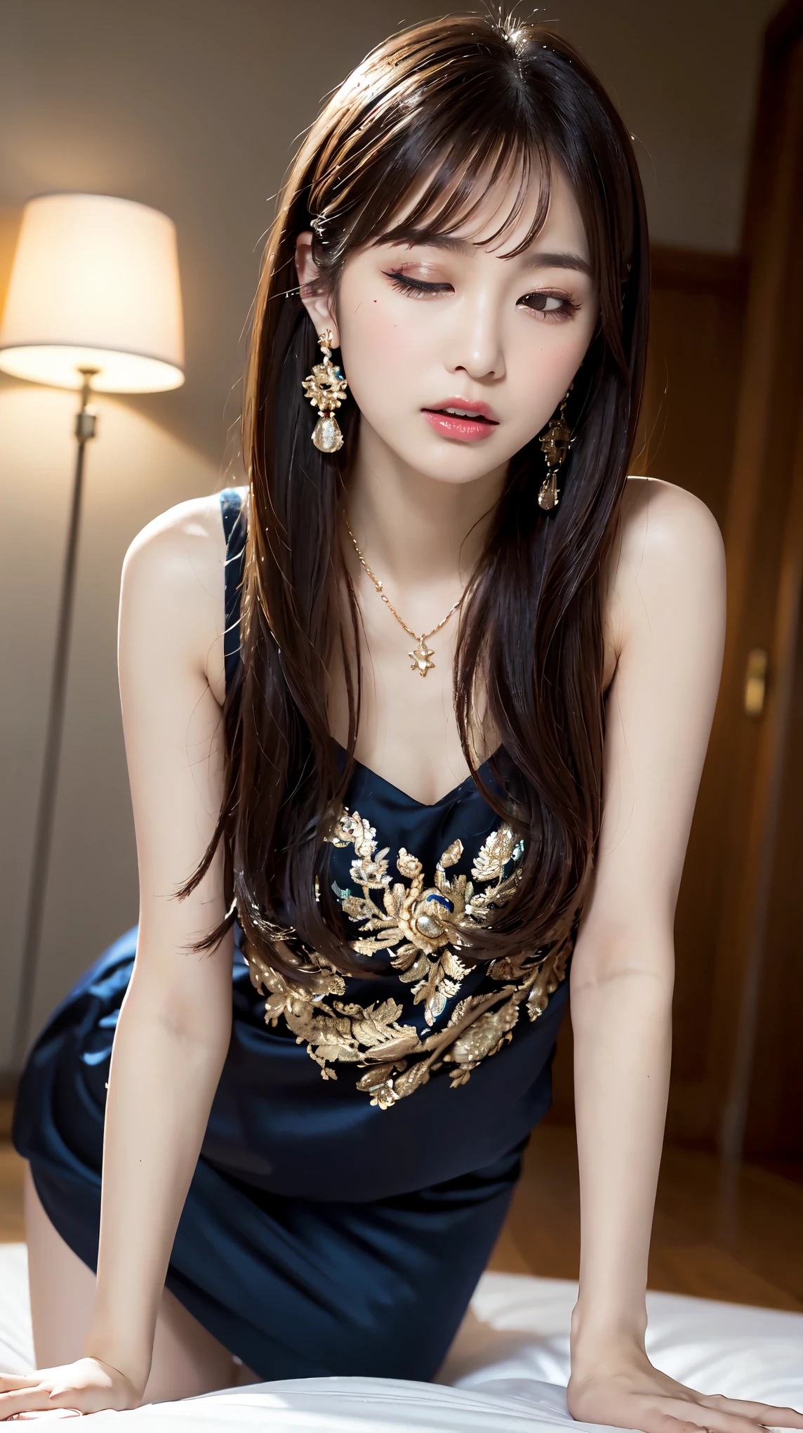 nsfw, body、Full body Esbian、Get on all fours、Lift your hips up、Western-style building, 1 female, Beautiful Japanese actresses, Age 25, Double Eyes,mile, Detailed face, Big earrings,Large Necklace, Flashy makeup using red eyeshadow,light brown delicate middle cut hair,the tips of the hair are wavy,Classy hairstyle,fine grain,Slender actress, Sexy silk embroidered mermaid dress:1.2, Lace panties, BREAK ceremony,((Masturbating violently, ディルドをInsert:1.5)), ((Random sexy poses、Insert、Deep pleasure, Ecstatic eyes:1.2)), ((I close my eyes and gasp hard:1.2))、Ecstatic face、Climax expression, Grit your teeth、My whole body is convulsing、Official Art,Highly detailed CG Unity 8k wallpaper, (masterpiece:1.0),(highest quality:1.0), photo shoot, 8k, Browsing Caution, High resolution, Kodak Portrait 400, Film Grain, Lens flare brilliance, View Viewer, (upper body:1.3), (leaning forward:1.6), (very low camera angle:1.6), Side view