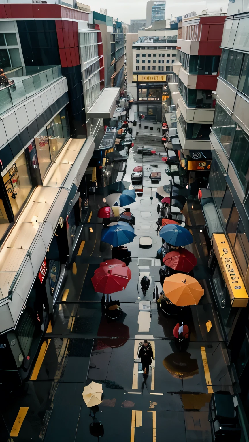 in a wide shot from above, on a rainy winter day, of a large shopping center, people with umbrellas of various colors