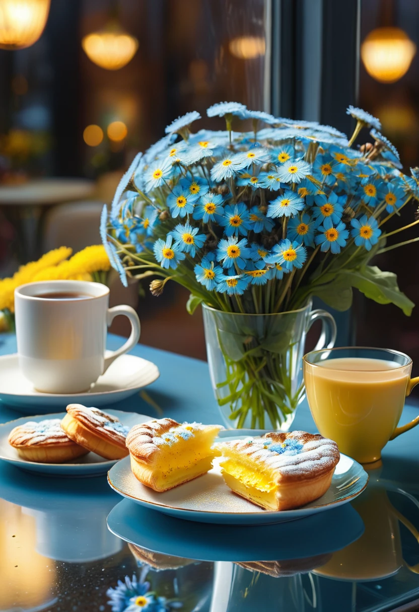 ((Best quality)), ((masterpiece)), super realistic photo, best studio photography, ((forget-me-not flowers, dandelions and tea roses lie beautifully on a glass table)), in a tall cappuccino mug on a croissant saucer, dim light coming from the side, the impression of slight sadness, symmetry and bright colors, wallpaper of a beautiful evening city, bokeh