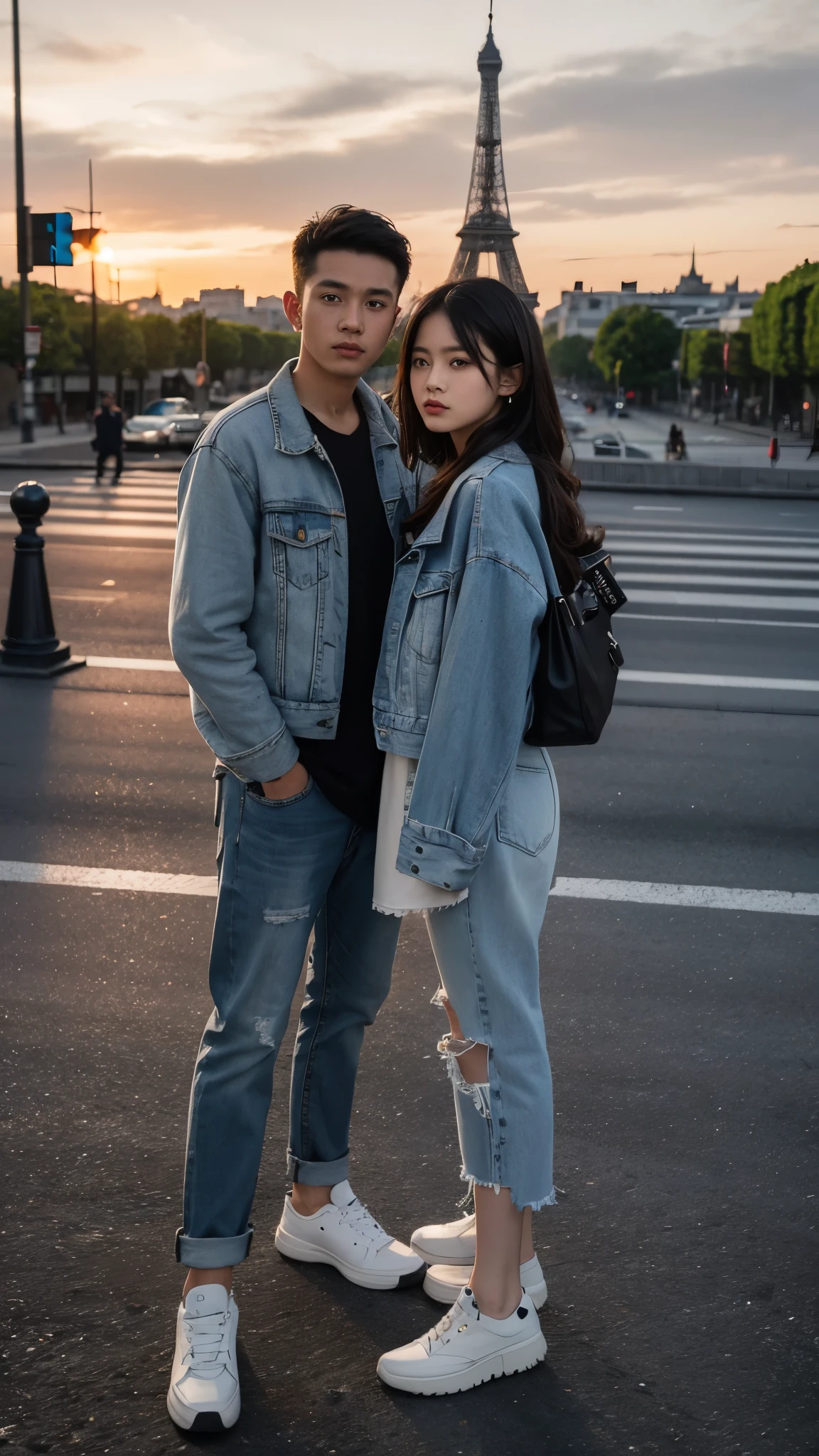 Indonesian couple, boy and girl, both of them are a bit fat, both are in their 20s, clean face, jeans, Indonesian leather, wearing a denim jacket and black bag, standing pose, photography style front photo, visible face, view of the Eiffel Tower right behind her, lights on around the street and city, standing somewhere on the Paris Bridge, the atmosphere is approaching sunset. ultra HD, real photo, very detailed, very sharp, 18mm lens, realistic, photography, leica camera