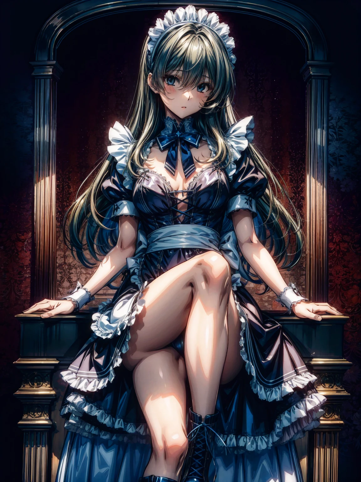 (Perfect Anatomy:1.2, highest quality),(Maid leotard details:1.6),(1Girl:1.6),Long Hair:1.5, (Short sleeve, Thighs,Maid Cufflinks),,Hypno Lola, Hollow Eyes,High heel lace-up boots,Dark aura,(Leotrad),,From below,love for viewers,Look down,,looking at viewer, ,sitting, crossing legs,, symmetrical, looking down, from bottom, looking at viewer,