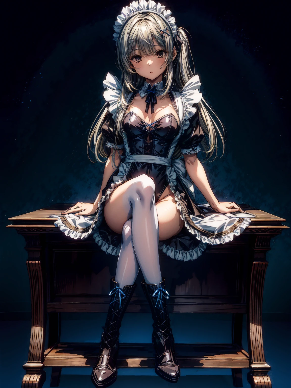 (Perfect Anatomy:1.2, highest quality),(Maid leotard details:1.6),(1Girl:1.6),Long Hair:1.5, (Short sleeve, Thighs,Maid Cufflinks),,Hypno Lola, Hollow Eyes,High heel lace-up boots,Dark aura,(Leotrad),,From below,love for viewers,Look down,,looking at viewer, ,sitting, crossing legs,, symmetrical, looking down, from bottom, looking at viewer,