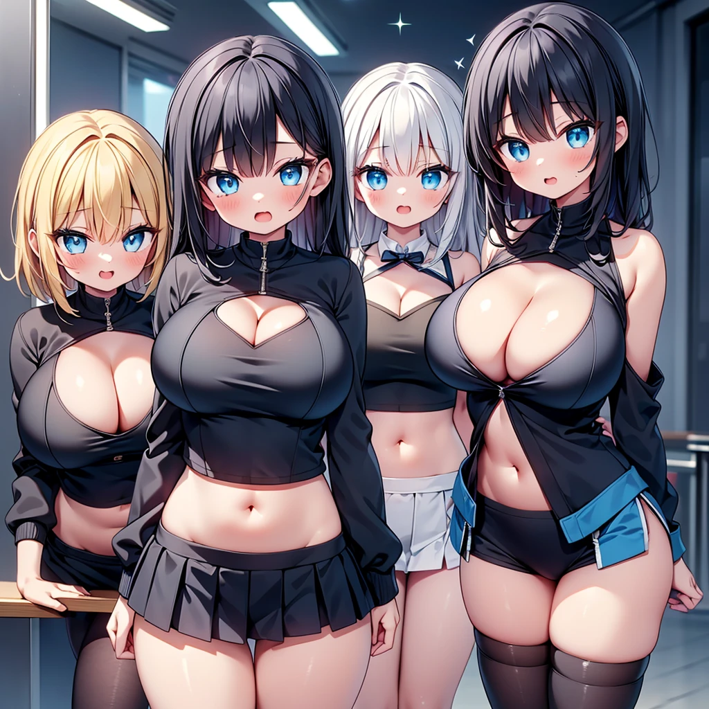 (cute eyes:1.3), (sparkling eyes:1.3), highest quality,wonderful,finely,extremely detailed CG Unity 8K wallpaper, (Stand in line:1.2), (3 girls, cute eyes, Black Hair, blue eyes, (dark skin:1,2), clothed), (black sweater:1.1), (skinny body:1.3), (huge breasts), (cleavage cutout:1.4) ,(crop top navel:1.4), (open mouth:1.1), (long tongue:1.1), (mouth drool:1.1), (Black knee socks:1.1),(Thighs:1.2),(Waistline:1.2)