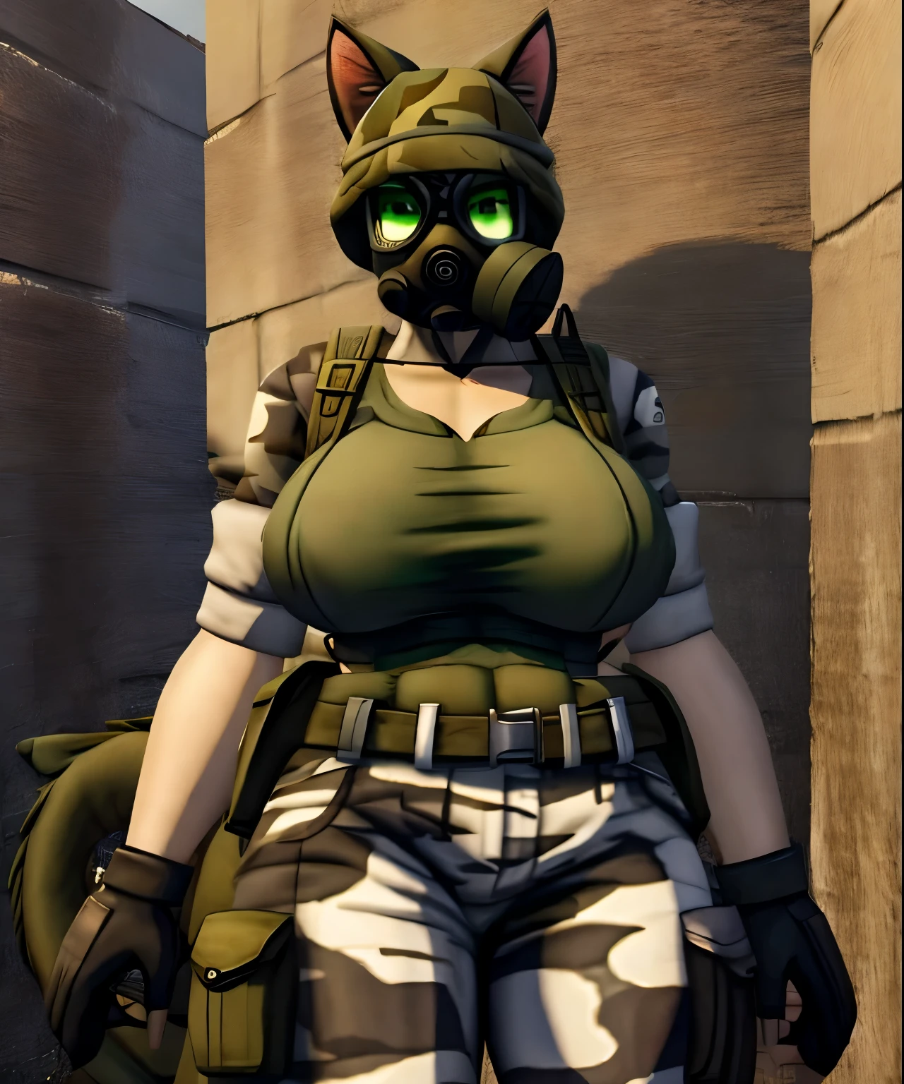 masterpiece:1.2, best quality, extremely detailed face:1.4, highly detailed eyelash:1.6, highly detailed eyes, sharp details, adrian_shephard, female focus, cat ears, cat tail, standing, (green olive t-shirt, camo long pants), gas mask, glove, helmet, huge breasts, wide hips, thick thighs, huge ass, nipple outline,
