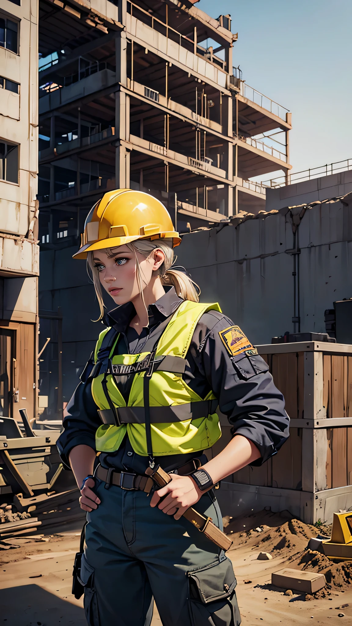 Girl at the construction site, wear long sleeve shirts, cargo pants, Helmet, Safety harness for working at height, and holding a Powerful methods in her hand.

(High resolution,4K,highest quality:1.2),Very detailed,(Realistic:1.37),Large-scale construction site,Professional,Industrial Lighting,Vibrant colors,Bokeh,Gritty atmosphere

[Construction worker], [Urban], [Dynamic pose], [Powerful methods], [Safety Policy], [concrete], [crane], [Dust and debris], [Blueprint], [construction machinery], [steel frame], [Helmet], [Work gloves], [scaffold], [Construction site signage], [Noise and activity], [Yellow caution tape], [Sunlight and shadow], [Busy workers], [Dirt and mud], [Construction Vehicles], [Diligent] 

This Professional prompt、I hope it helps you to create something beautiful, Detailed images of girls working on a construction site.。.