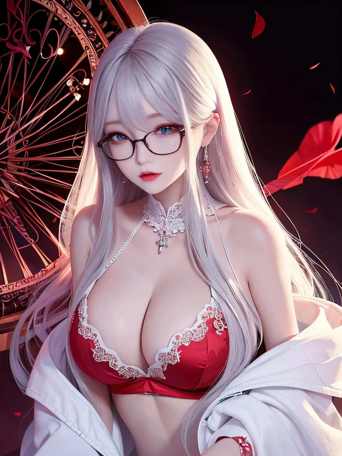 Top image quality、Raw photography、A high resolution、20-year-old cool Korean、big round chest、thin silk jacket、red lace underwear、Beautiful Eyes of Details、very elongated eyes、Beautiful eyelashes、Beautiful double eyelids、eyeshadows、 long legs, medium thighs, wearing Glasses、beautiful eyes finely detailed、elongated eyes、long eyeslashes、Beautiful double eyelids、eyeshadows、earrings、shiny white skin、 full body shoot, chuppy body,