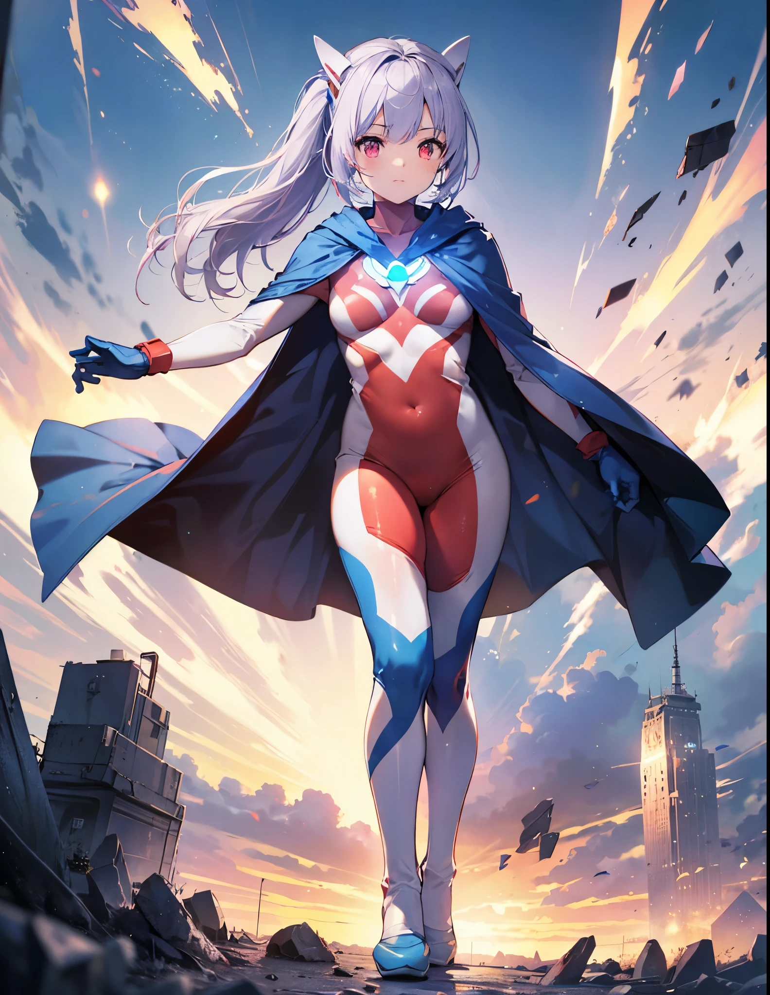 Realistic,highest quality, Ultra Detail, High-quality CG rendering, The most delicate and beautiful, Floating softly, High resolution, (1 girl), (Highest quality,4K,8K,masterpiece:1.2) ,Light purple hair,Rabbit,Bunny ears,ponytail,Red eyes,(Ultra Girl:1.0),(Blue Ultraman bodysuit:1.4),(Blue gloves:1.3),(Blue shoes:1.3),(Blue Cape:1.3)