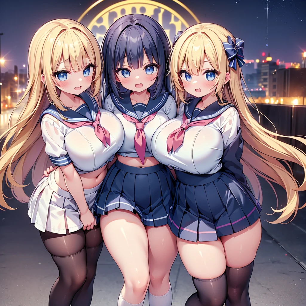 (cute eyes:1.2), (sparkling eyes:1.2), highest quality,wonderful,finely,extremely detailed CG Unity 8K wallpaper, (Stand in line:1.2), (3 girls, sailor uniform, clothed), (voluptuous:1.4), (huge breasts), (open mouth:1.1), (long tongue:1.1), (mouth drool:1.1), (Black knee socks:1.1),(Thighs:1.3),(Waistline:1.2),(midriff peek:1.2)