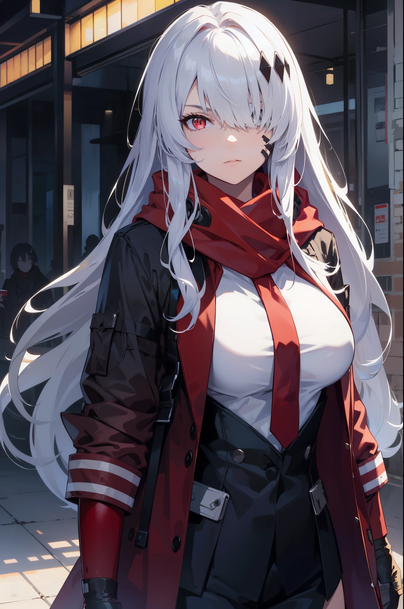 (best quality:1.3), (masterpiece:1.3), (illustration:1.3), (ultra-detailed:1.3), (mid shot:0.9), 1girl, white hair, one eye covered, ((hair over one eye)), solo, ((large breasts)), tall, mature, long hair, serious expression, red overcoat, black pants, upper body, white shirt, hair ornament, facial mark, heterochromia, ((red eyes, grey eyes)), red scarf, red jacket, open jacket, red pouch,