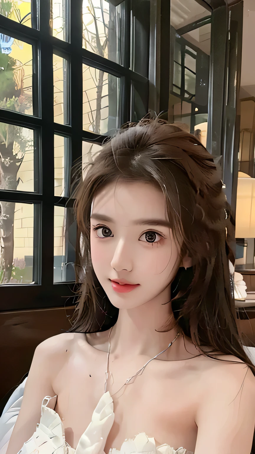 A Chinese girl born in 1995 sat by the window, surrounded by continuous drizzle. She was wearing a black dress with a faint melancholy on her face. Her hair was scattered haphazardly, and her eyes stared out the window as if she was thinking about something. The light was dim, only the raindrops outside the window reflected a faint light. The photography technique uses low angle shooting to highlight the girl's profile and the rain outside the window.