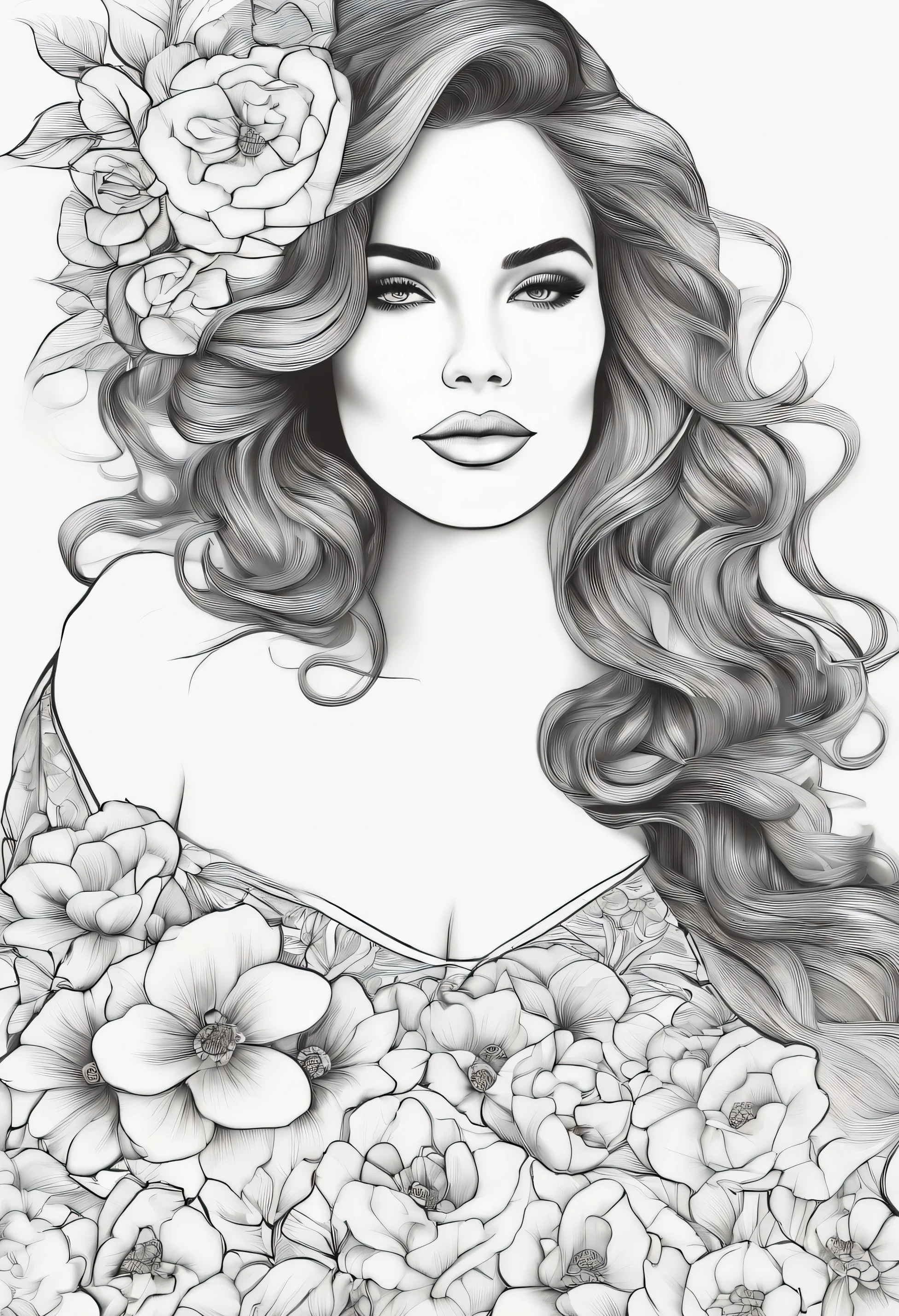 desenho para colorir, mulher adulta, 30 anos, mulher sentada pintando uma obra de arte, com cabelo realmente lindo e longo cheio de flores, (cabelos ondulados :1.2), usando um lindo vestido longo, clean backdrop, caminho com flores e lindas borboletas, Incredible, hiper detalhado, coloring page, fundo preto e branco