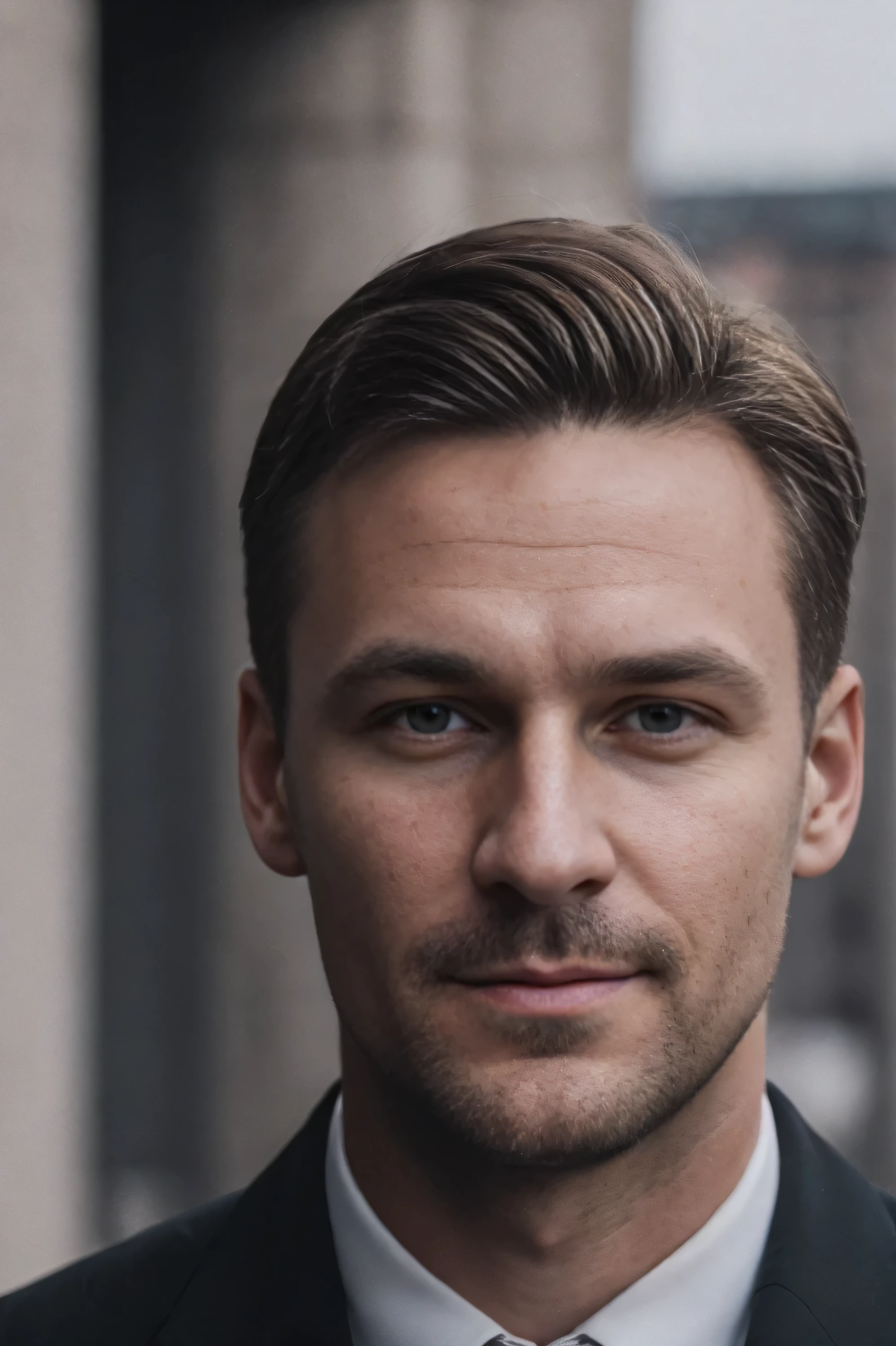 Please generate a high quality portrait of a German man with dark blond hair, which is located in an urban environment. Der Mann sollte mittleren Alters sein, etwa 30 sein Stellen Sie sicher, dass das Bild realistisch und konsistent ist, and that the generated person looks similar on each pass.