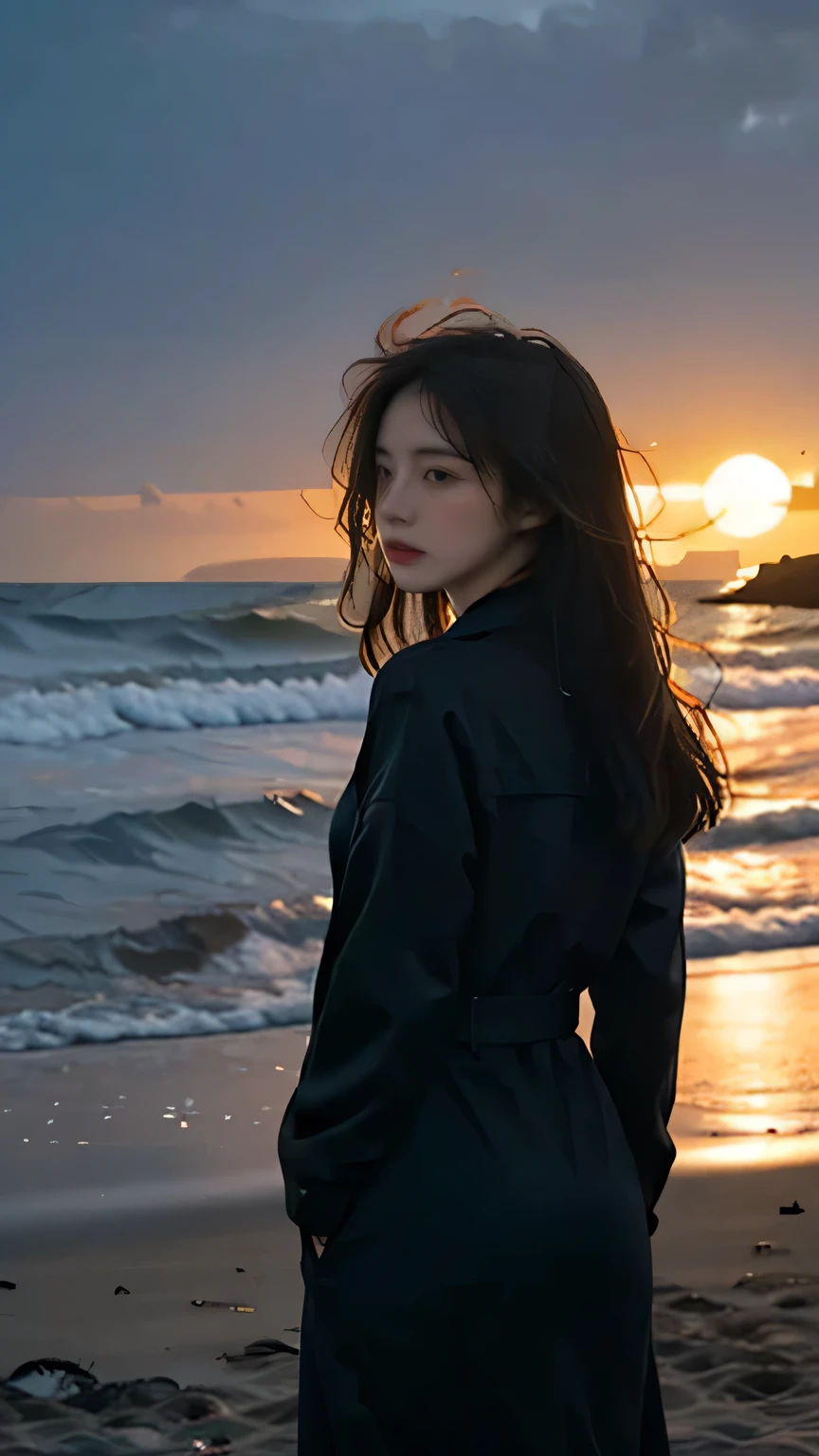 A young woman standing alone on a desolate beach at dusk, her silhouette backlit by the last rays of the setting sun, with the dark waves crashing behind her. The image should be in a dark color palette, predominantly featuring shades of deep blue and black, to convey a sense of sorrow and solitude. The woman should be depicted from behind, her figure slightly hunched, suggesting a posture of introspection and heartache. The sea breeze should be visible, gently lifting her hair, adding a dynamic element to the otherwise still scene. The overall mood should be melancholic yet beautiful, capturing the essence of a heartbroken soul finding strength in solitude.