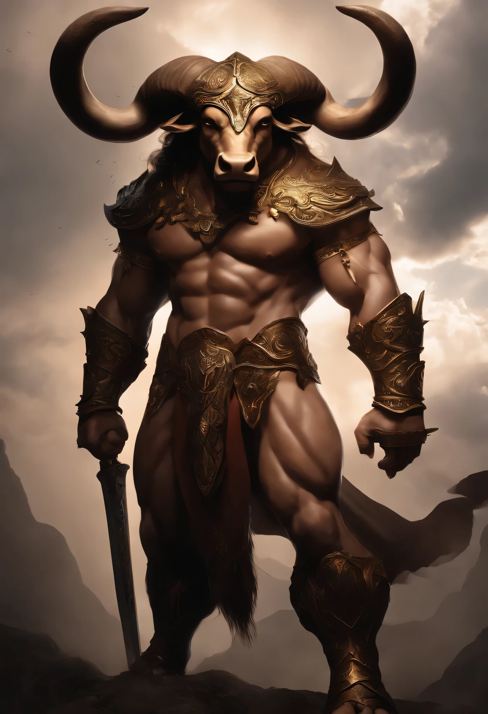Anime-style Minotaur: A majestic Minotaur, with an imposing bull's head adorned with spiraling horns and deep, expressive eyes. athletic, no impressive armor with intricate details. The bull's skin is dark brown and covered with a fine, short coat. He is on his feet, ready for battle, a great sword in one hand and a determined expression on his face. The background is an epic backdrop with dramatic clouds and sunbeams streaking across the sky.