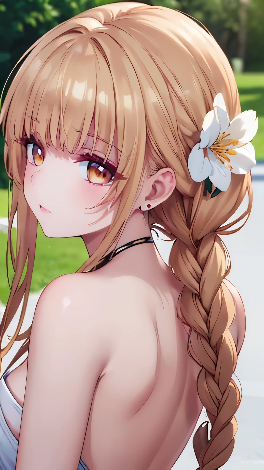 ((best quality)), ((masterpiece)), (detailed), perfect face, ((Best quality, 8k, Masterpiece: 1.3)), Sharp focus A beautiful woman with perfect body, Slim abdomen, Highly detailed face and skin texture, Detailed eyes, Double eyelid, brown hair, low twin braids, hair flower, heart earrings, from behind