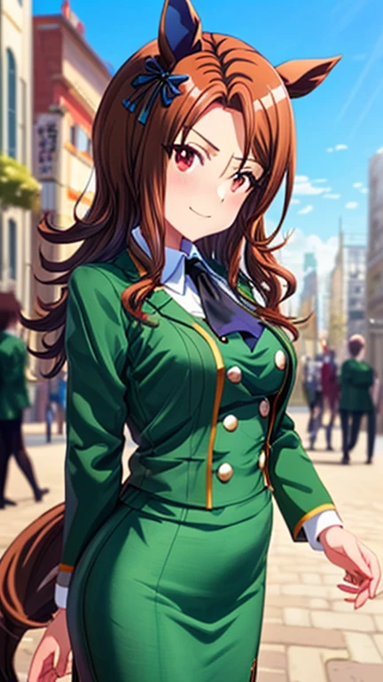 King Halo\(umamusume\), ((highest quality)), ((masterpiece)), (detailed), (Character Focus、breast focus,whole body), (One Girl: 1.1)、Anime 2D Rendering, Realistic young anime woman, Perfect Face, Beautiful fine details, Beautiful body, Beautiful thighs, Beautiful feet, White beautiful skin、Perfect round butt、 (Black ribbon tie), (white collar dress shirt), (green double-breasted suit jacket:1.4)、(Green Shiny Pencil Mini Skirt:1.4)、(Black Pantyhose:1.4)、(Black High Heels)、 smile、Face towards the viewer、