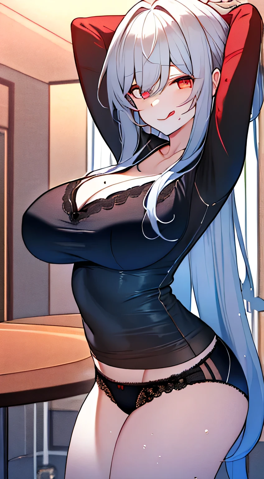 ((Masterpiece, Best quality, Extremely detailed, insanely details, Detailed CG, 8K wallpaper)), Cute,,Long hair, (Huge breasts:1.2), (Chest tent:1.1), Bra exposed,cleavage,Panties leaking out,(The chest has a pronounced tip:1.1), Indoors,(bent over:1.1),(From the front side:1.2), restaurant,Chest tent,tiptoeing,opening legs,grabbing the breasts,cum on breast,Wet with all over the body,(The background is a journalist:1.3),Stick out her tongue,Be red in the face,loona