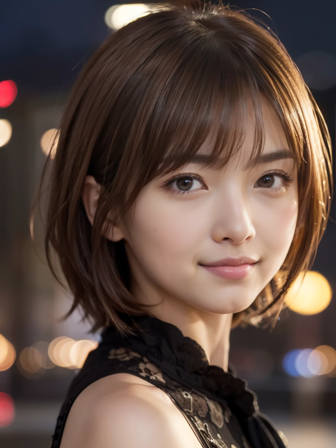 1 Japanese idol, (Raw photo, Best Quality), (Realistic, Photorealsitic:1.4), masutepiece, extremely delicate and beautiful, Extremely detailed, 8k wallpaper, amazing, finely detail, extremely detailed CG Unity, hight resolution, Soft light, Beautiful detailed 25 year old, extremely detailed eye and face, beautiful detailed nose, Beautiful detailed eyes,Cinematic lighting,city light at night,Slender,Smiling, (medium hair, hair messy, asymmetrical bangs, light brown hair), higuchi_madoka