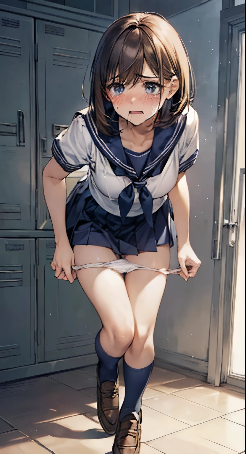 A large number of giant tentacles approach from behind the girl.、(((Perfect Anatomy, Anatomically correct, Very detailedな肌))), 1 girl, Japanese, high School girl, Shiny skin, Observe your audience, ((Back view, From below)),
Beautiful Hair, Beautiful Face, Beautiful fine details, (short hair:1.1, Bobcut:1.2), Dark blonde hair:1, blue eyes, , Mole under the eye,
Beautiful clavicle, Beautiful body, Beautiful breasts, Large Breasts:0.5, Beautiful thighs, Beautiful feet, Camel Toe,
((Short sleeve, Cute sailor uniform, all in dark blue, Dark blue pleated skirt, Navy blue sailor color, Sailor scarf, socks, Brown Loafers)), Captivating thighs, (Red Slave Collar),
((Embarrassing, Scared, sad, tears, cry, Mouth half open)), Are standing, (((Leaning forward), Undressing, Raise one leg, Pull on white panties)),
(Beautiful views), summer, School, locker room,
8k, highest quality, Masterpiece:1.2, Very detailed), (Realistic), Beautiful illustrations, Natural light, whole body,