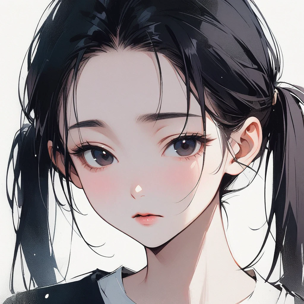 Pigtails, thin, pale, Pure, simple, White background, close-up of the face, black hair, black eyes, straight hair, Asian eyes, slanted eyes, Small eyes, narrow eyes, Chinese eyes, large forehead, delicate, adult