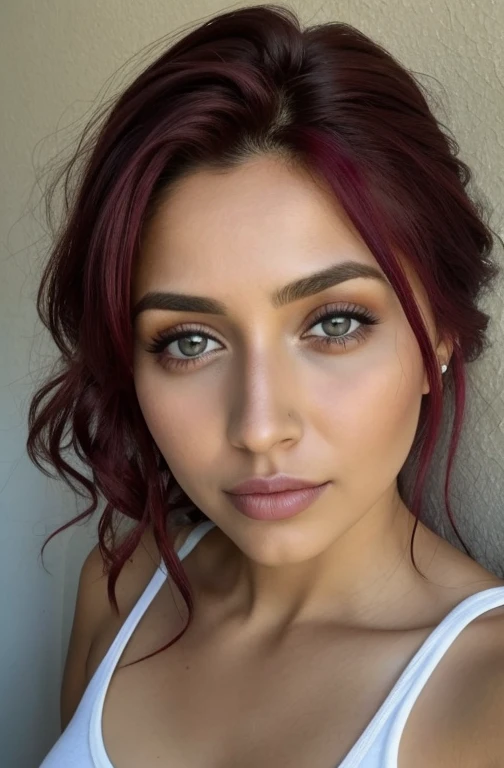Una mujer, 25 years, pecho mediano, pelo rojo ondulado, Ojos color ambar