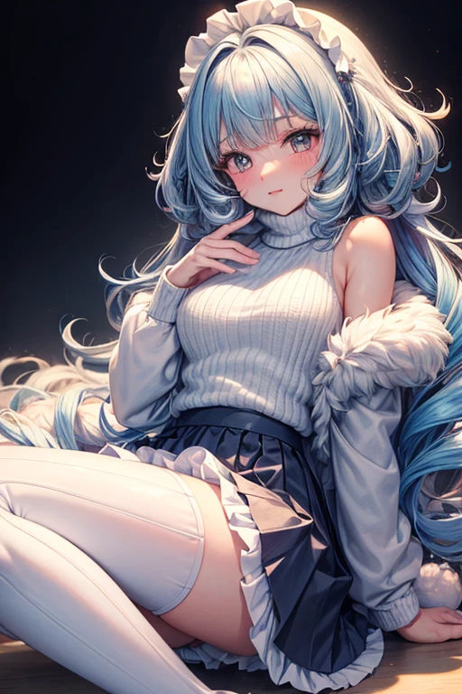 highest quality, 32k, RAW Photos, Incredibly absurd, Very detailed, Delicate texture, Cute Woman, (fluffy, Flowing Layers, Side curling blow, bangs, shiny medium hair), wearing fluffy long-pile knit sweater, fluffy skirt, Skirt flip, pantyhose, fluffy long boots, Lewd and obscene expressions, Best body shape, The background is rainbow pastel colors
