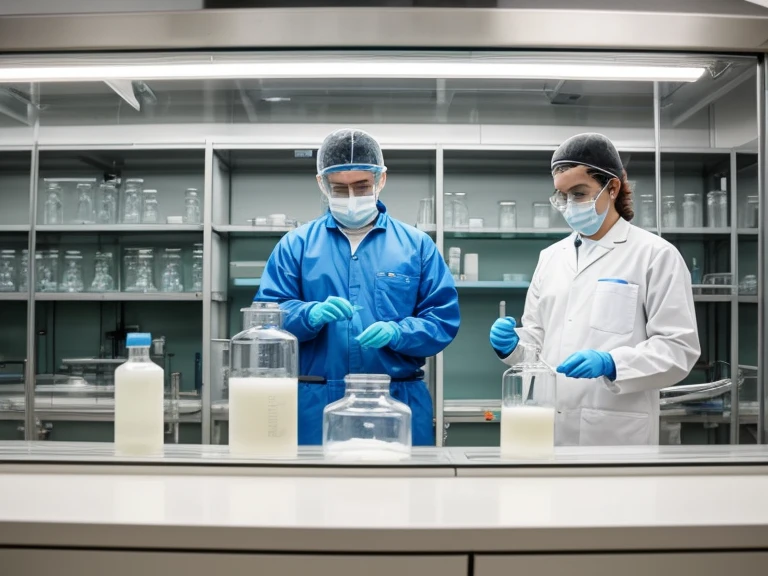 Create a picture that is presented with the laboratory work. Workers wear safety protective equipment, white long-sleeved laboratory coats, blue masks, white head coverings and transparent glasses. Workers are observing chemical solution in the bakerglass and also observing bacteria in a microscope. The background is a laboratory room which looks clean and orderly. There are various analytical equipment such as burret, distillator, microwave oven, desiccator, flask, fumehood, autoclave, and spindle flocculator test jar.
