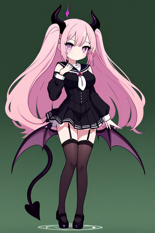 1 girl,green background, full body,stand up straight,chibi,low two hands,,long hair, So that the whole body is reflected,pink hair,18years old, purple eyes, big breasts, devil wings, devil horns, devil tail,white sailor suit,white long sleeves,black short skirt, black long socks,sideways,longhair,succubus,student,black garter belt,side ways,.masterpiece,low two hands,head is a little small