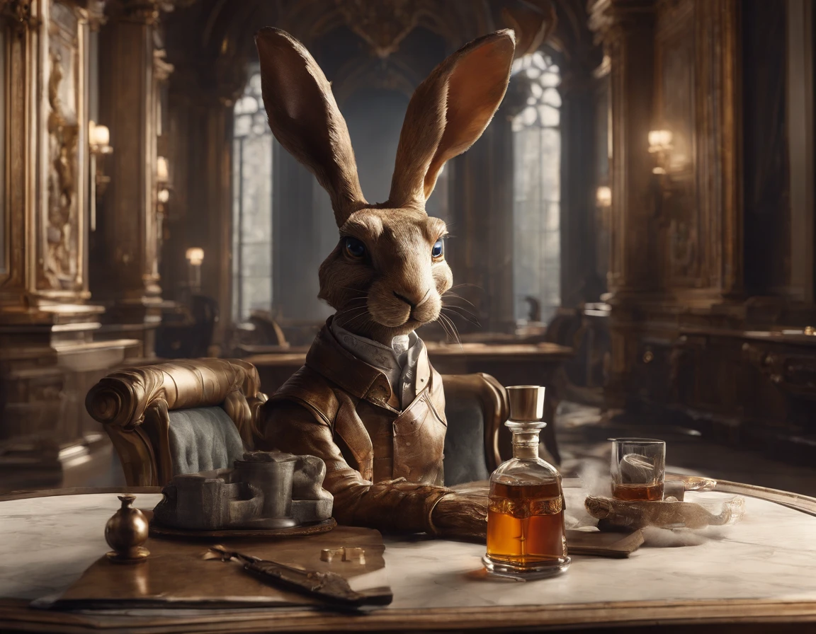 An anthropomorphic muscular hare is sitting in front of a table in an ancient castle, there is an ashtray on the table, a bottle of whiskey, a luxurious interior of the castle, cinematic lighting, RAW