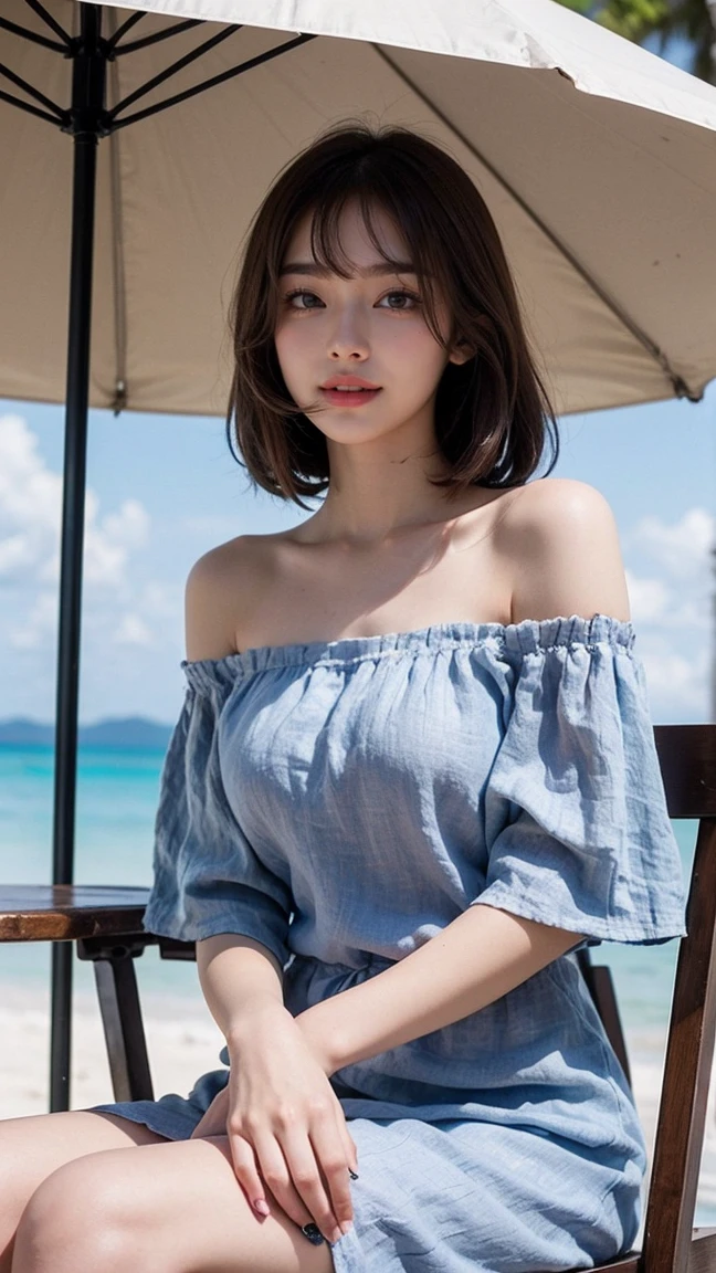 Top-quality Realistic,Official art,Highly detailed CG Unity 8k wallpaper,ultra-detailliert,hight resolution,Physically-based rendering,Magnificat,finely detail,masterpiece,Best Quality,ultra detailed,Mature beauty,Beautiful women,1girl,moist lips,sexy lips,Sexy smile,Gentle smile, 20 years old, Beautiful bare skin,Smooth bare skin, big well-shaped breasts,beautiful Mature body,swept bangs,(Medium hair:1.3), beautiful detailed eyes,model shoot style,Japanese Idol,Half-body,(beautiful white sandy beach),BREAK,(Linen off-shoulder summer dress:1.3),(wide brimmed straw hat),Walking model pose,Delicately expressed eyes,cute smile,Sitting cross-legged in a chair under a parasol,((Extreme close-up to face)),shoot from below,