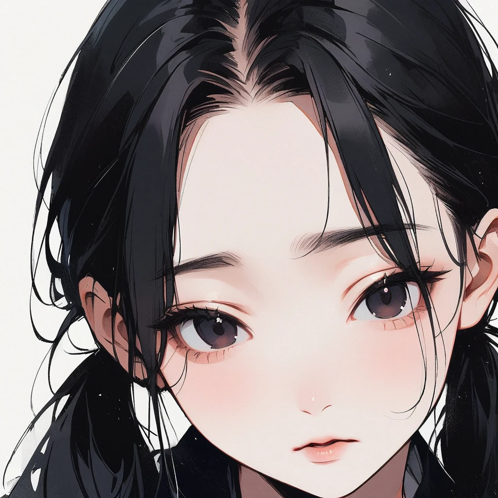 Pigtails, thin, pale, Pure, simple, White background, close-up of the face, black hair, black eyes, straight hair, Asian eyes, slanted eyes, Small eyes, narrow eyes, Chinese eyes, large forehead, delicate, adult