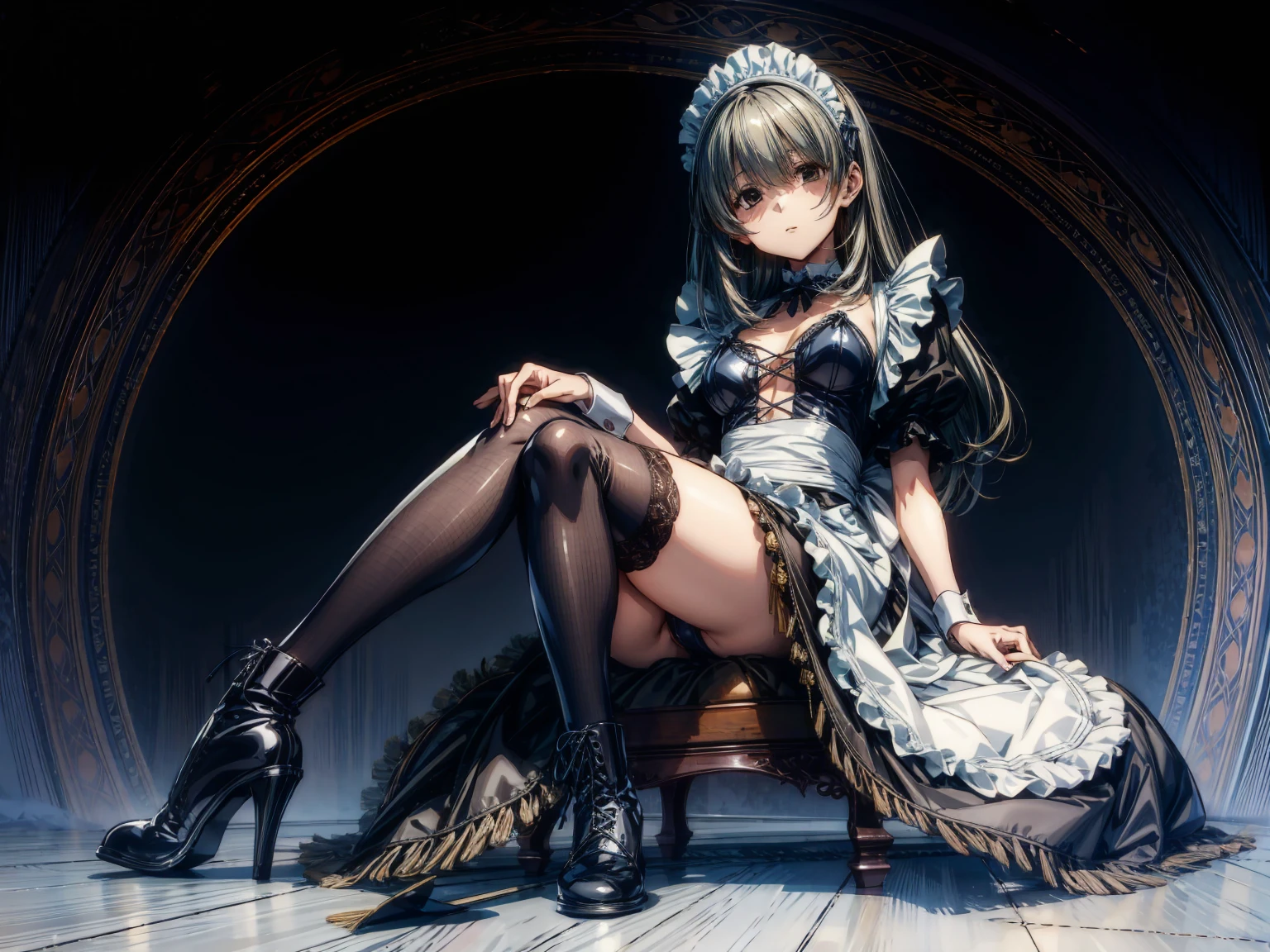(Perfect Anatomy:1.2, highest quality),(Maid leotard details:1.6),(1Girl:1.6),Long Hair:1.5, (Short sleeve, Thighs,Maid Cufflinks),,Hypno Lola, Hollow Eyes,High heel lace-up boots,Dark aura,(Leotrad),,From below,love for viewers,Look down,,looking at viewer, ,sitting, crossing legs,, symmetrical, looking down, from bottom, looking at viewer,