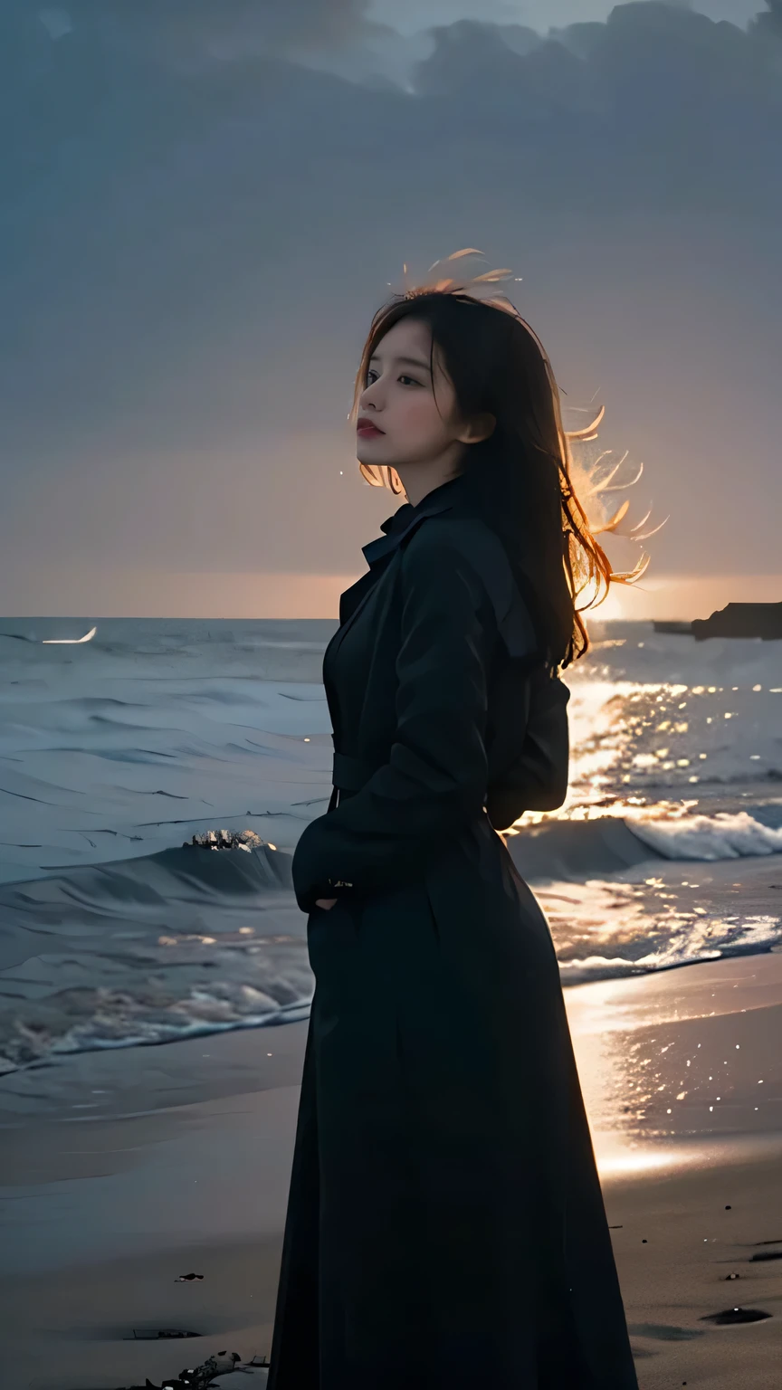 A young woman standing alone on a desolate beach at dusk, her silhouette backlit by the last rays of the setting sun, with the dark waves crashing behind her. The image should be in a dark color palette, predominantly featuring shades of deep blue and black, to convey a sense of sorrow and solitude. The woman should be depicted from behind, her figure slightly hunched, suggesting a posture of introspection and heartache. The sea breeze should be visible, gently lifting her hair, adding a dynamic element to the otherwise still scene. The overall mood should be melancholic yet beautiful, capturing the essence of a heartbroken soul finding strength in solitude.