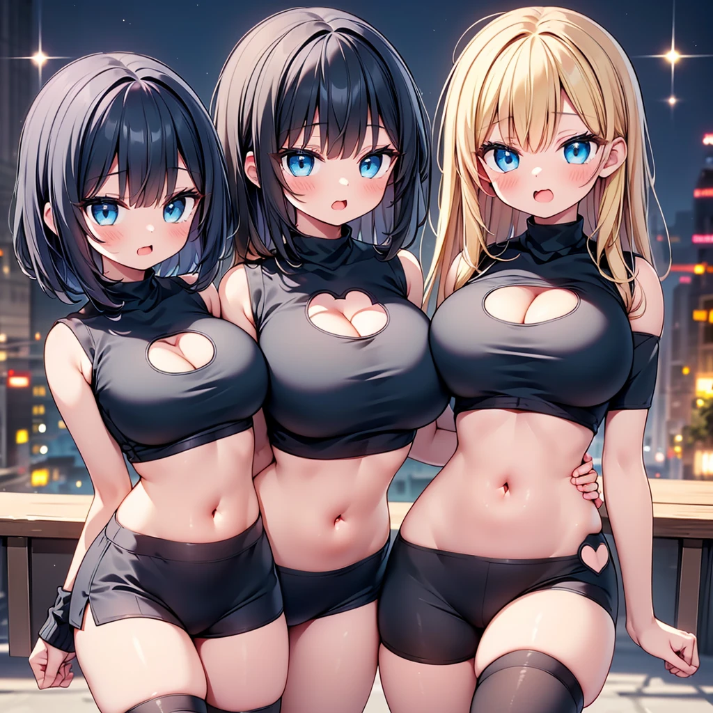 (cute eyes), (sparkling eyes), highest quality,wonderful,finely,extremely detailed CG Unity 8K wallpaper, (Stand in line:1.2), (3 girls, cute eyes, Black Hair, blue eyes, (dark skin:1,2), clothed), (black aran sweater:1.1), (skinny body:1.3), (huge breasts:1.3), (cleavage cutout:2) ,(crop top navel:2), (open mouth:1.1), (long tongue:1.1), (mouth drool:1.1), (Black knee socks:1.1),(Thighs:1.2),(Waistline:1.2)