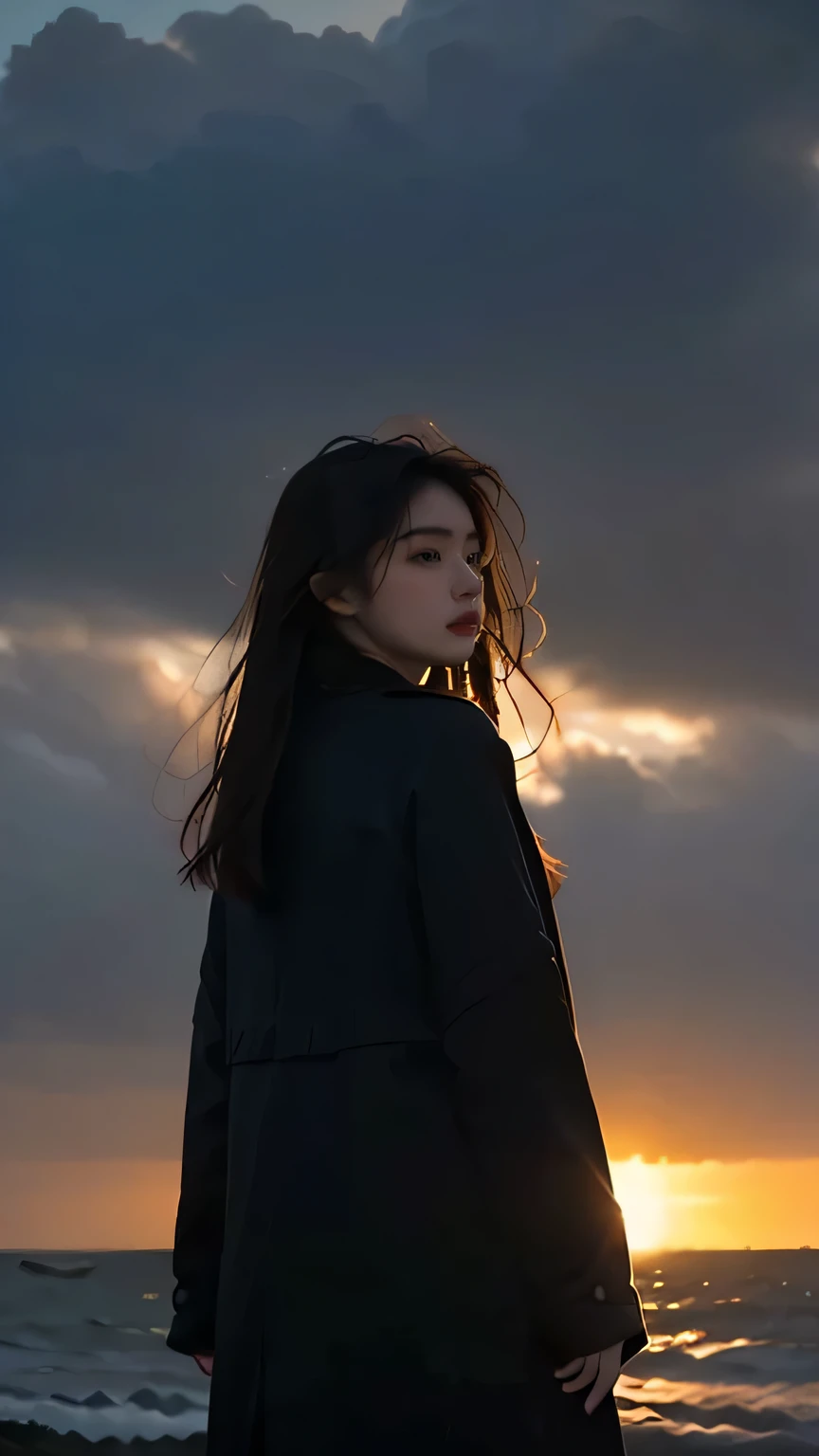 A young woman standing alone on a desolate beach at dusk, her silhouette backlit by the last rays of the setting sun, with the dark waves crashing behind her. The image should be in a dark color palette, predominantly featuring shades of deep blue and black, to convey a sense of sorrow and solitude. The woman should be depicted from behind, her figure slightly hunched, suggesting a posture of introspection and heartache. The sea breeze should be visible, gently lifting her hair, adding a dynamic element to the otherwise still scene. The overall mood should be melancholic yet beautiful, capturing the essence of a heartbroken soul finding strength in solitude.