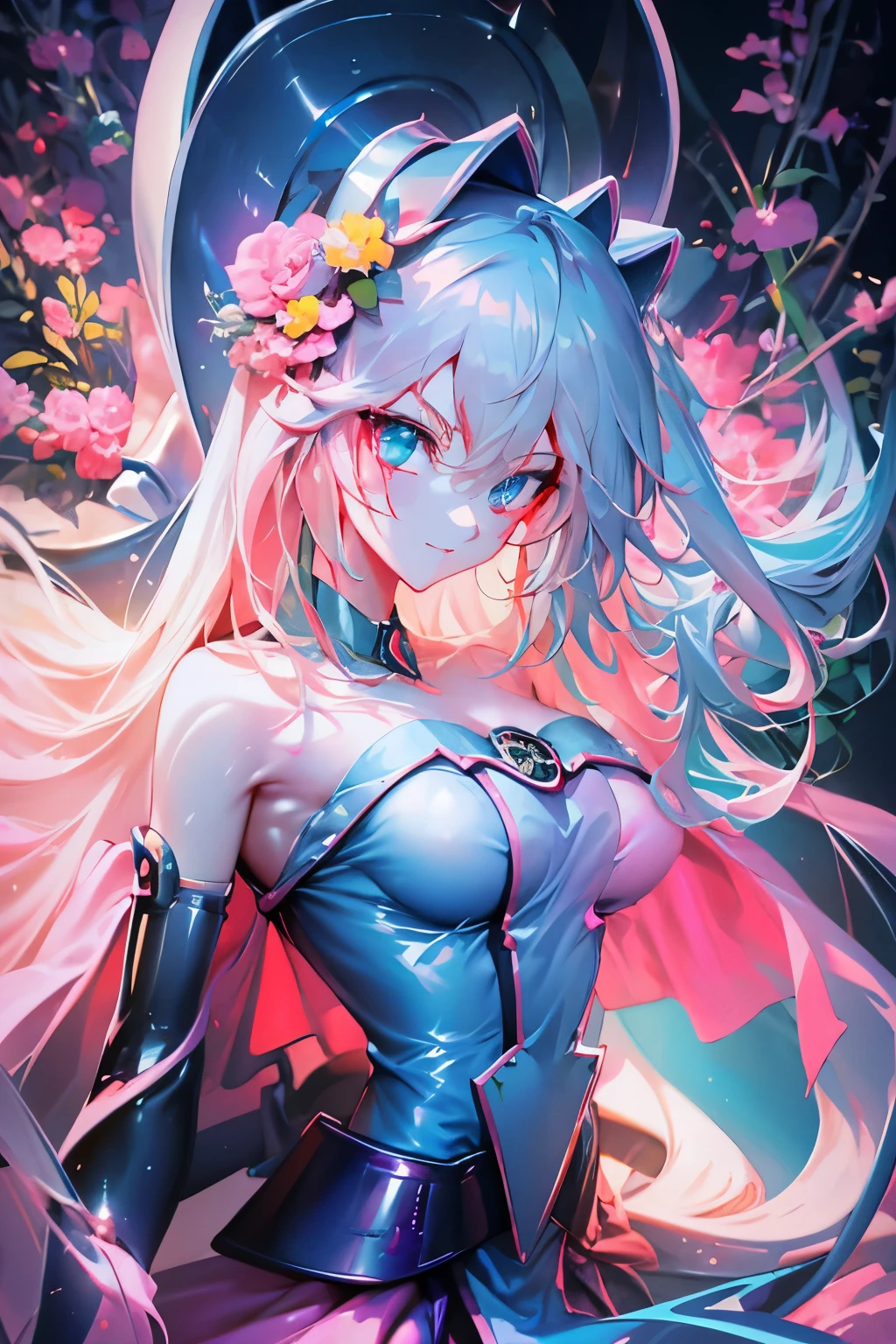 Hatsune Miku disfrazada de dark magician gils. Pose sensual y seductora. Fondo de magia