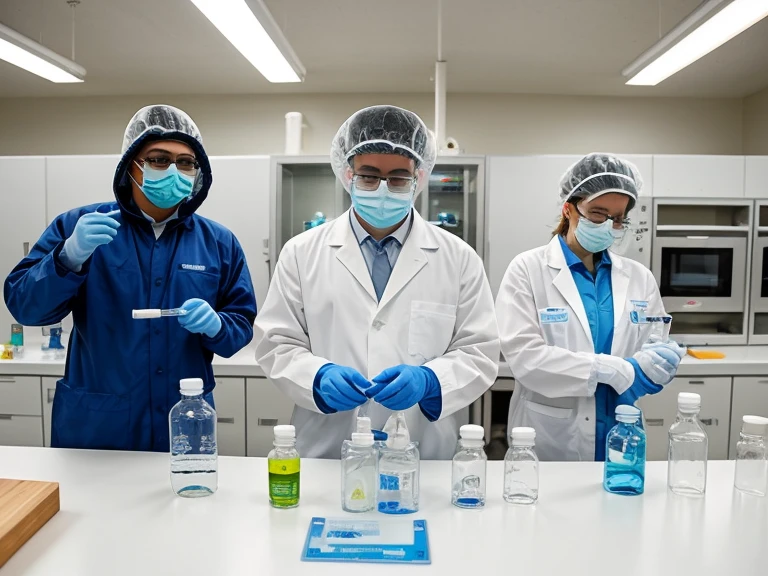 Create a picture that is presented with the laboratory work. Workers wear safety protective equipment, white long-sleeved laboratory coats, blue masks, white head coverings and transparent glasses. Workers are observing chemical solution in the bakerglass and also observing bacteria in a microscope. The background is a laboratory room which looks clean and orderly. There are various analytical equipment such as burret, distillator, microwave oven, desiccator, flask, fumehood, autoclave, and spindle flocculator test jar.