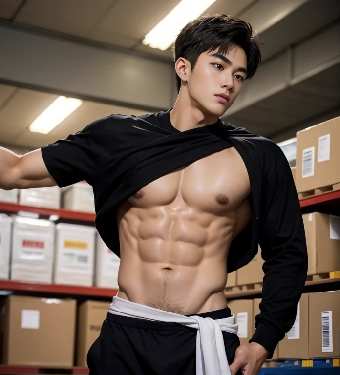 1 handsome Chinese guy,18-year-old male high school student,majestic,Who is Shi Yu?, Li Yuanbin, Kim Hyung Tae, Kim Hyung Tae, Yin Shishan, Handsome Chinese muscular guy,Broad shoulders and narrow waist,A handsome guy wearing brief,Form-fitting fabric contours the bust, bare chest,in a remote warehouse,hands tied behind back,Hands tied behind the back,hands tied behind back,Masculine and sexy,High,Muscles look good,hairy body,Wheat complexion,black eyes(thin eyes 1:3),whole body image