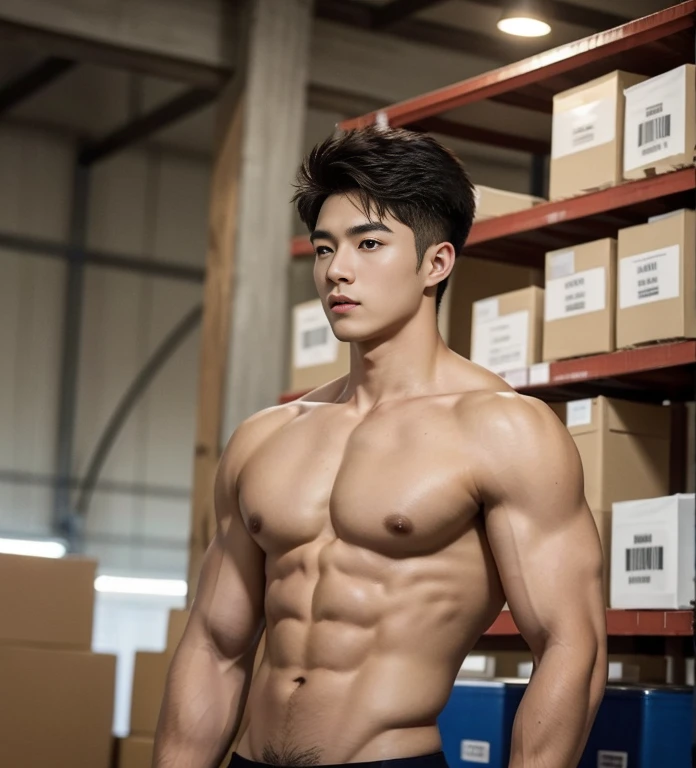 1 handsome Chinese guy，18-year-old male high school student，majestic，Who is Shi Yu?, Li Yuanbin, Kim Hyung Tae, Kim Hyung Tae, Yin Shishan, Handsome Chinese muscular guy，Broad shoulders and narrow waist，A handsome guy wearing brief，Form-fitting fabric contours the bust, bare chest，in a remote warehouse，hands tied behind back，Hands tied behind the back，hands tied behind back，Masculine and sexy，High，Muscles look good，hairy body，Wheat complexion，black eyes（thin eyes 1：3），whole body image