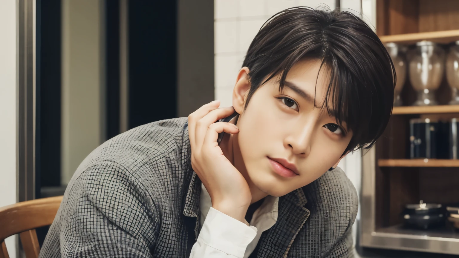 musician、A refreshing, handsome man in his 20s、（Super cool S-class guy）、Japanese Male, 40 years old、、Open Cafeで撮影、a handsome guy、（CG Unity 8K high resolution photo）、（Very detailedＳクラスのa handsome guy性）、（Realistic）、（highest quality））、Very detailed、super high quality、expensive、audience、kind person、Very beautiful hair　Perm Hair、Bright photo、Handsome like a model、Handsome like an idol、Looking at the camera、inside a stylish cafe、Open Cafe、Cafe Terrace